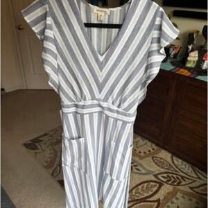 Monteau Dress Size medium V-Neck Flutter Sleeve Tie Waist Pockets Blue Stripe